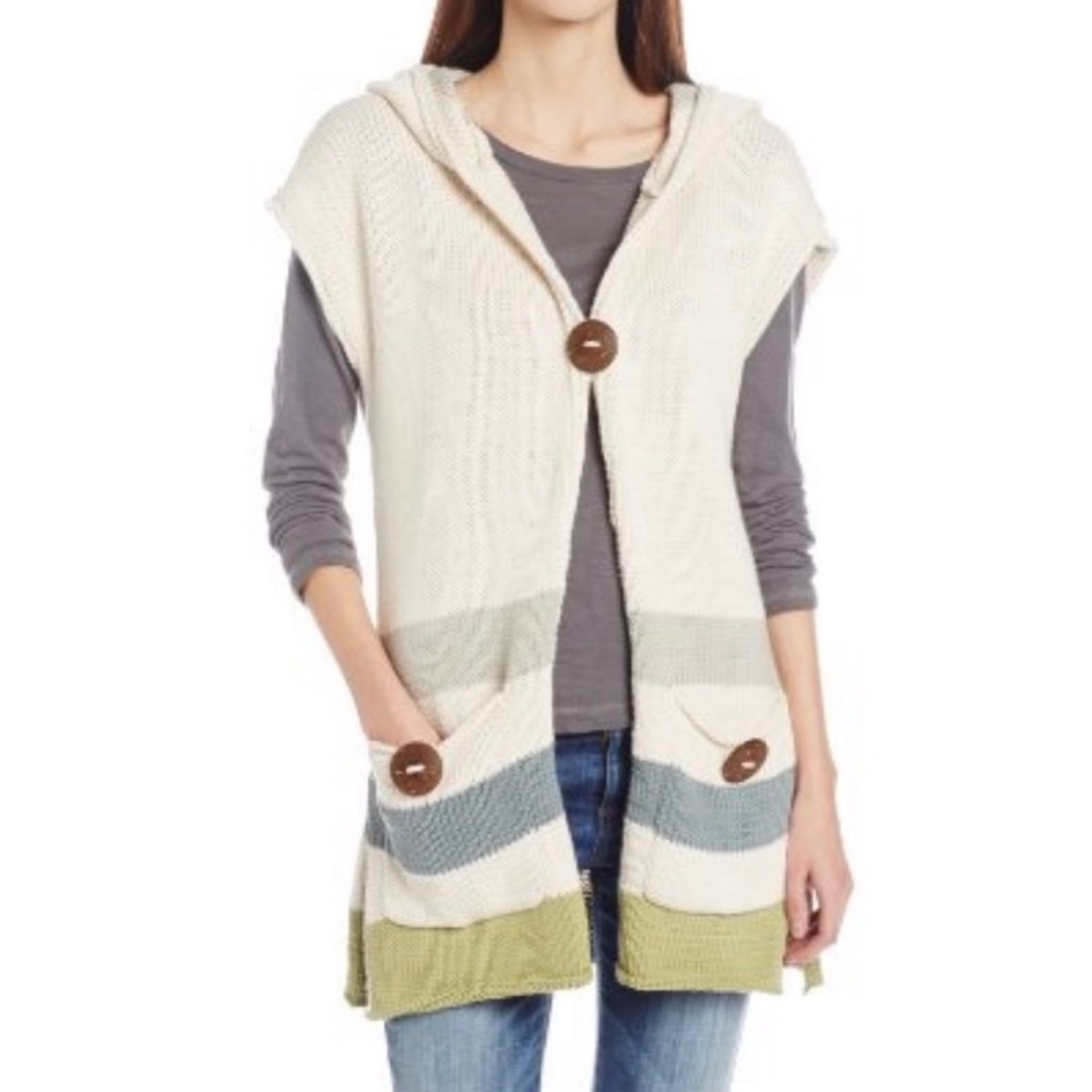 PURE Hand Knit cardigan sleeveless hooded sweater striped Large/XL boho